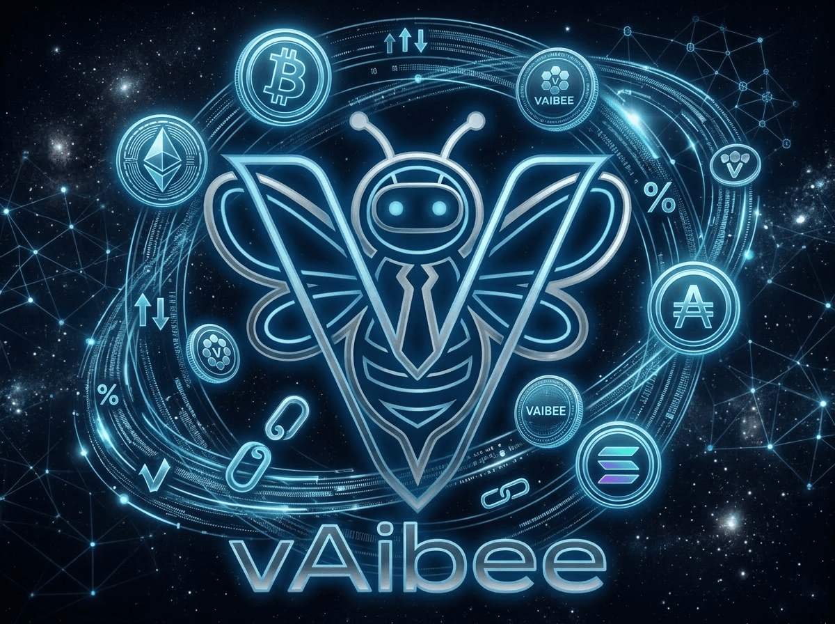 vAIbee crypto and finance lane — orbiting markets and chain icons